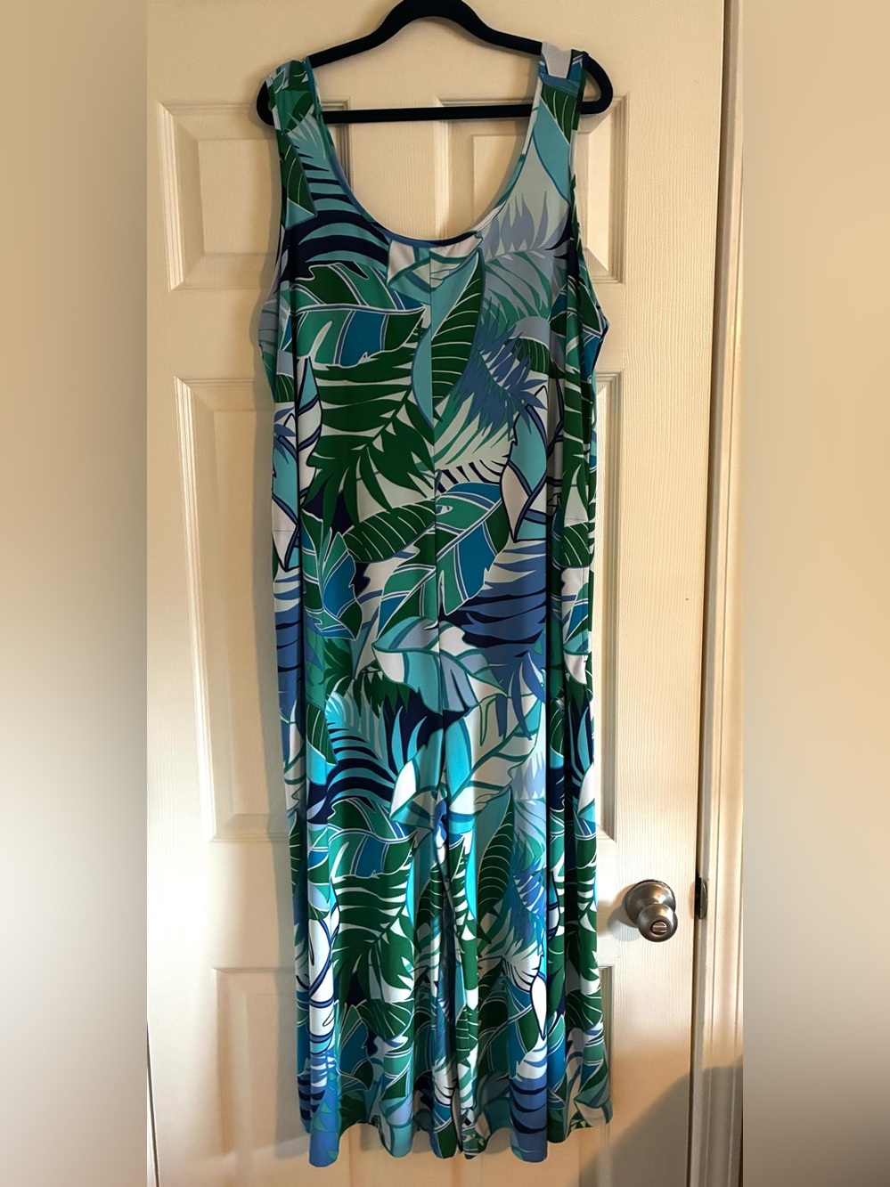Attitudes by Renee Jumpsuit Wide Leg Tropical Leaf Print- Blue & Green